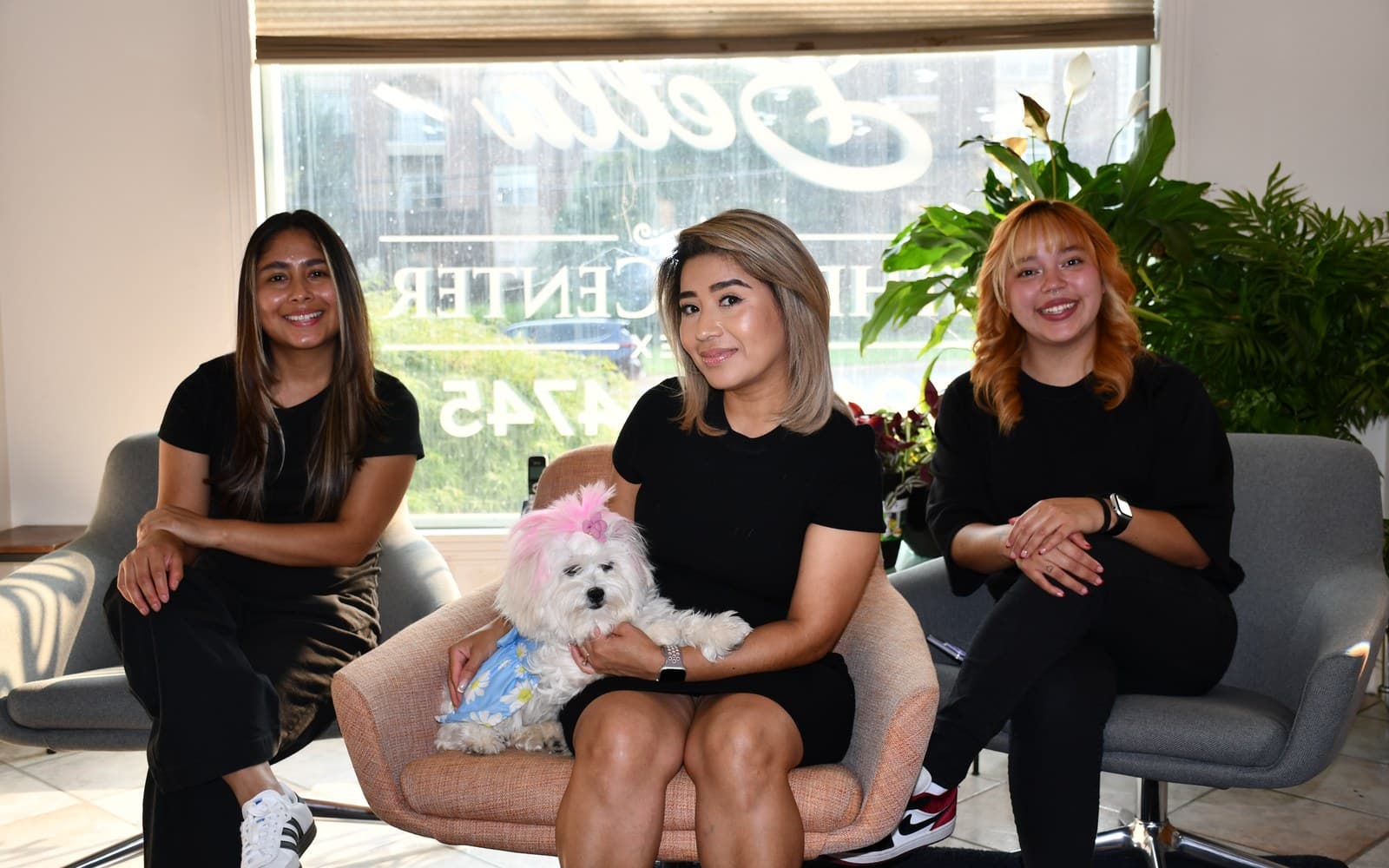 The JBELLA Hair Salon team, together with Princess the salon dog